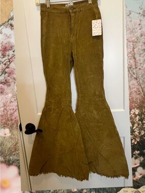 Free People Olive Green Corduroy High-Rise Trousers